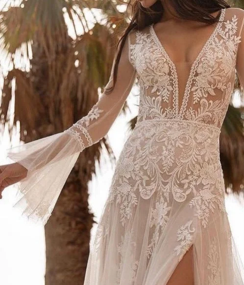 Relaxed Style Puff Sleeve Boho Wedding Dresses Lace Tulle Long Bridal Wears Limited - Edition Drops