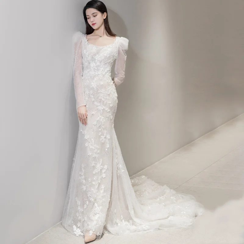 Trend Leading Collection Elegant Mermaid Wedding Dress Long Sleeves With Scoop Neck Seasonal Trend