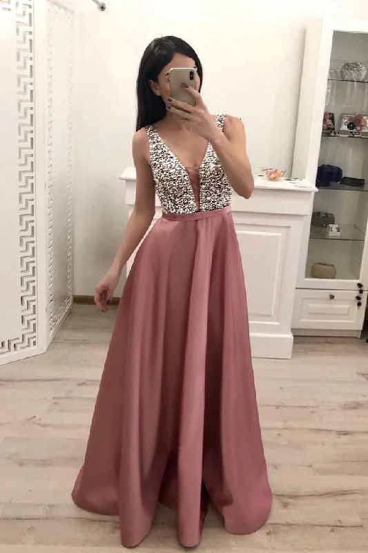 Spring Offer Sparkly A-Line V-Neck Satin Beading Backless Prom Dress N1524 Limited - Stock