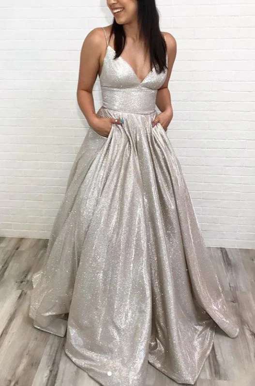 Budget Saver Spaghetti Straps V Neck Long Prom Dress Mocha Silver Formal Evening Gown    cg13243 Discounts On Casual Weekend Styles