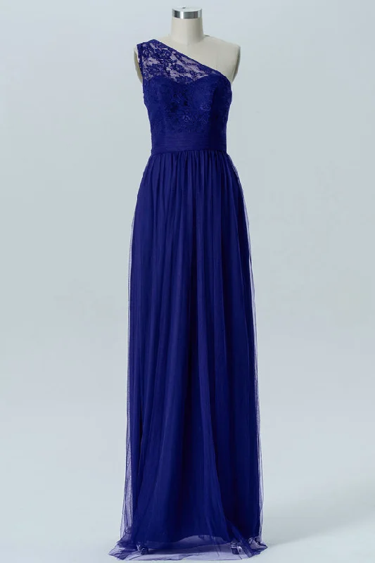 Style Breakthroughs Royal Blue One-Shoulder Floor Length Bridesmaid Dress Feminine Soft - Hued Look