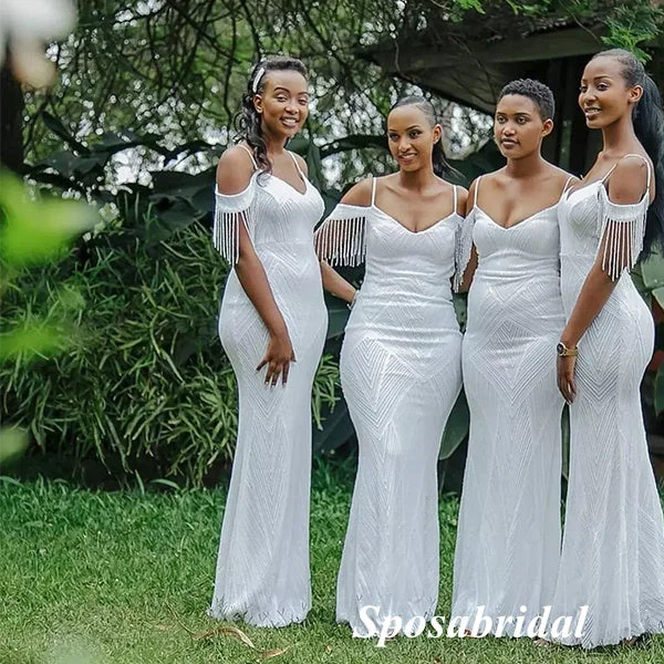 Special Offers, Don't Miss Sexy White Cold-Shoulder V-Neck Mermaid Floor Length Bridesmaid Dresses, BD3369 Minimalist Chic