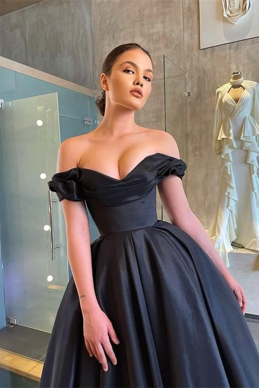 Summer Fashion Black Satin Tea-Length Party Dresses Off-the-Shoulder Homecoming Dresses PD0553 Minimalist Chic