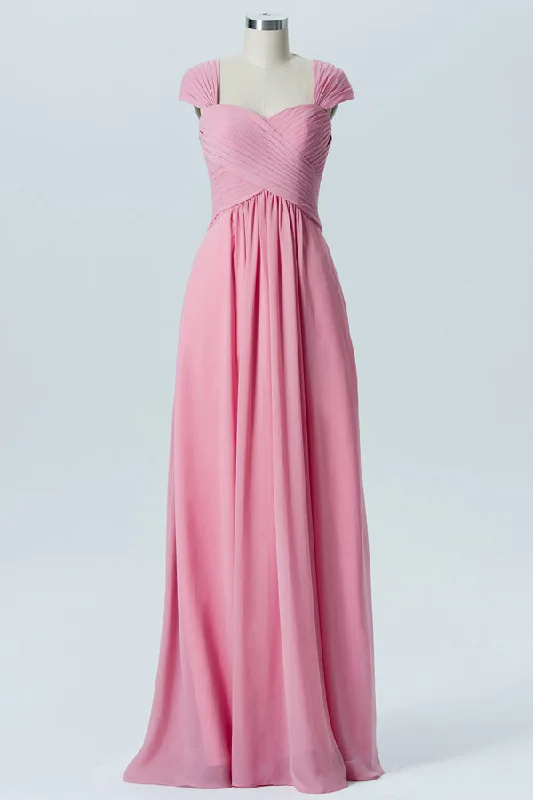 Evening Elegance Pink Sweetheart Cap Sleeve Bridesmaid Dress Flowy Fabric