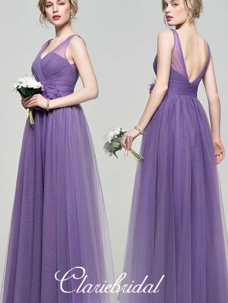 Chic Style, Always In Vogue V-neck Purple Tulle A-line Long Bridesmaid Dresses Disco - Inspired Retro Dance Look