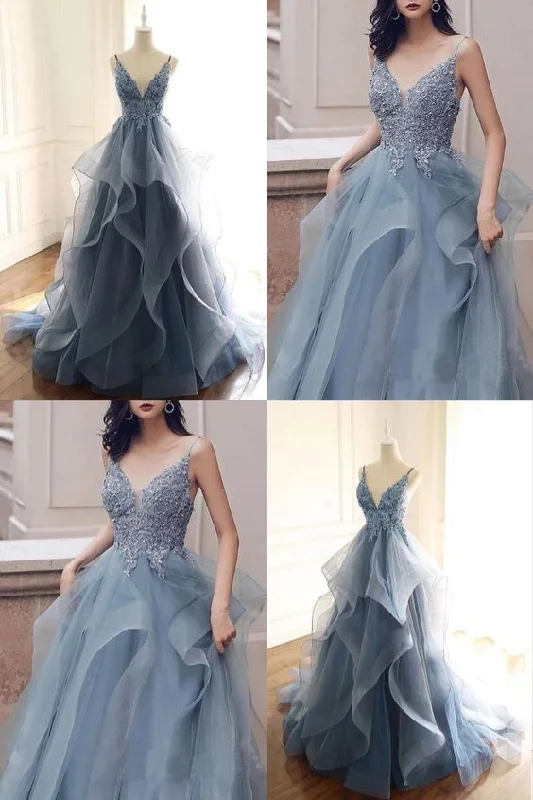 Contemporary Chic Promotions A-line V-neck Tulle Appliques Long Prom Dress Formal Evening Gowns  cg7963 Elevated Style