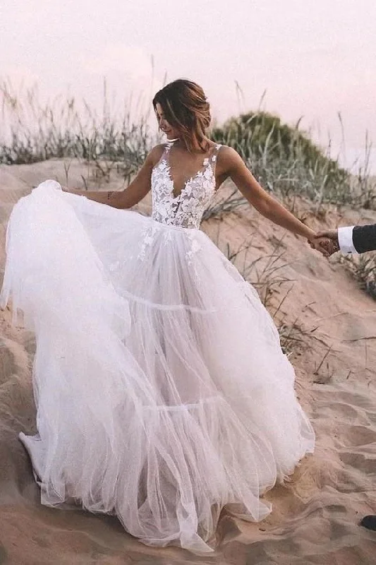 Daring Fashion Promotions V Neck Lace  Ethereal Wedding Dresses Layered Tulle Skirt  Wedding Gown Playful Elegance