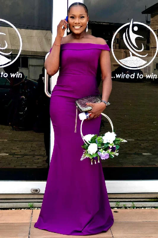 Elegant Style Purple Off-the-Shoulder Mermaid Long Bridesmaid Dress Buy More, Save More