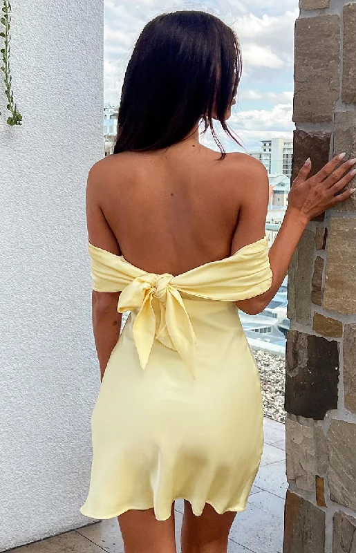 Latest Trends Primrose Yellow Satin Off the Shoulder Mini Dress Statement Piece