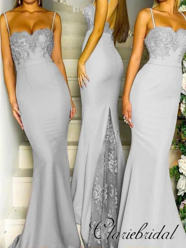 Retro Style Promotions Spaghetti Long Mermaid Grey Lace Beaded Bridesmaid Dresses Parisian Effortless Chic Style