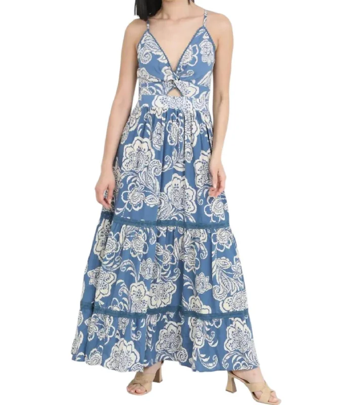 Hot Trends Floral Print Maxi Dress In Blue/cream Elegant Ensemble