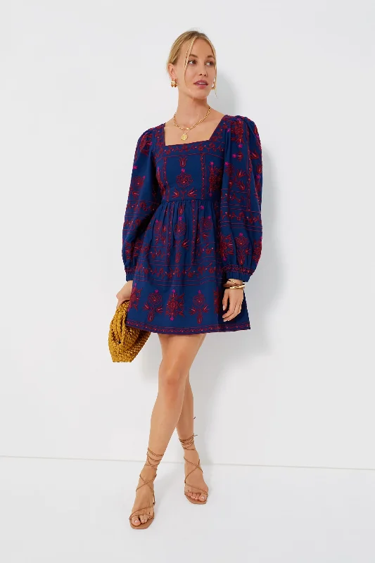 Evening Elegance Navy Petunia Embroidery Long Sleeve Square Neck Dress Effortless Style