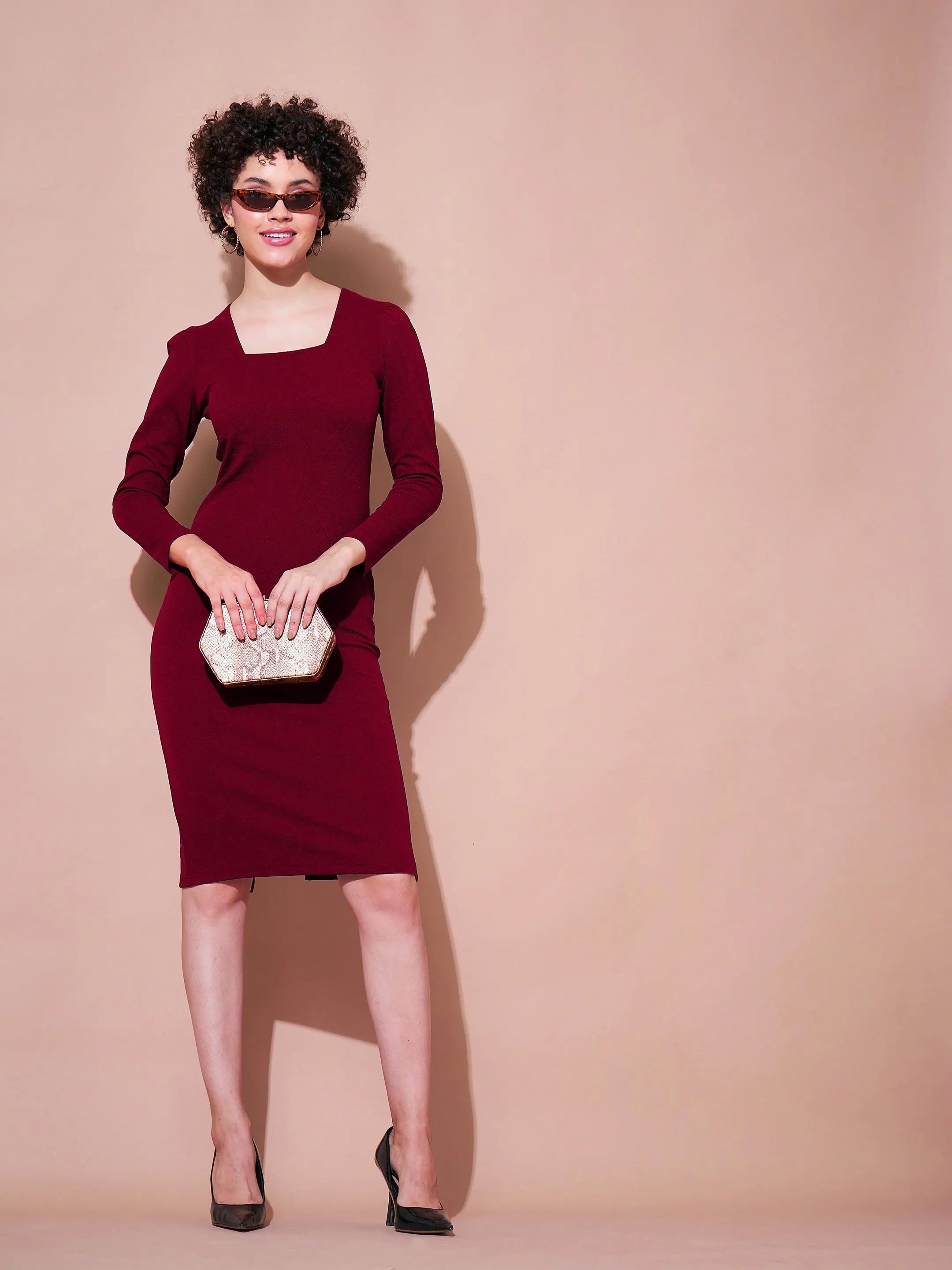 Flash Sale Now Women Maroon Square Neck Bodycon Dress Modern Glamour