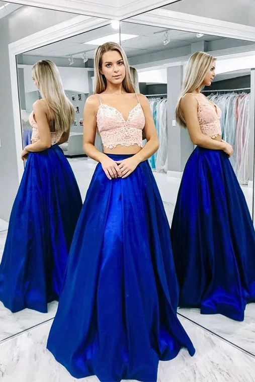 Classic Modern Offers Two Pieces Royal Blue Satin Prom Dresses Spaghetti Strap Long Party Dresses with Lace N2476 Bold Silhouette