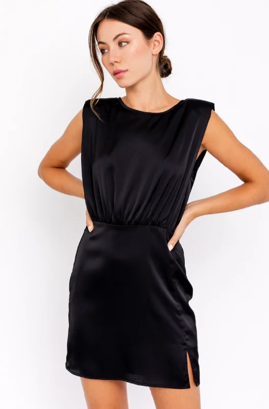 Clearance Event Black padded shoulder satin dress Disco - Inspired Retro Dance Look