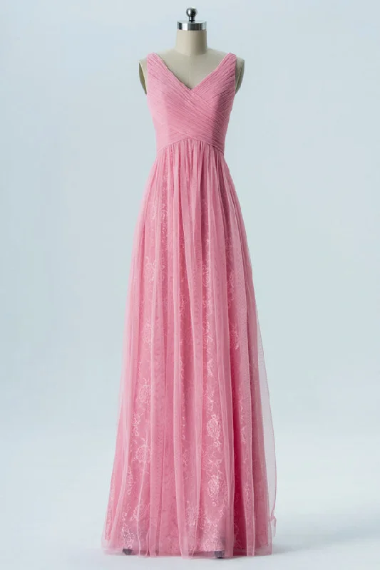 Trend Alert Pink V-Neck Embroideried Double Straps Bridesmaid Dress Effortless Style