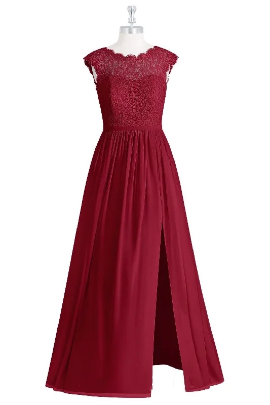 Discover Now Wine Red Crew Neck Cap Sleeve Long Bridesmaid Dress with Slit Vintage Charm