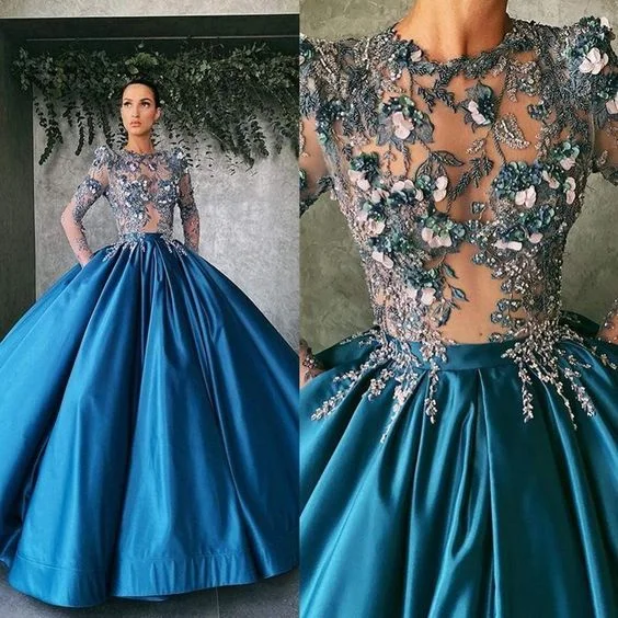 Huge Markdowns 3D Flower Prom Dresses Illusion Jewel Neck Long Sleeve Lace Appliques Evening Gowns    cg17823 Playful Elegance