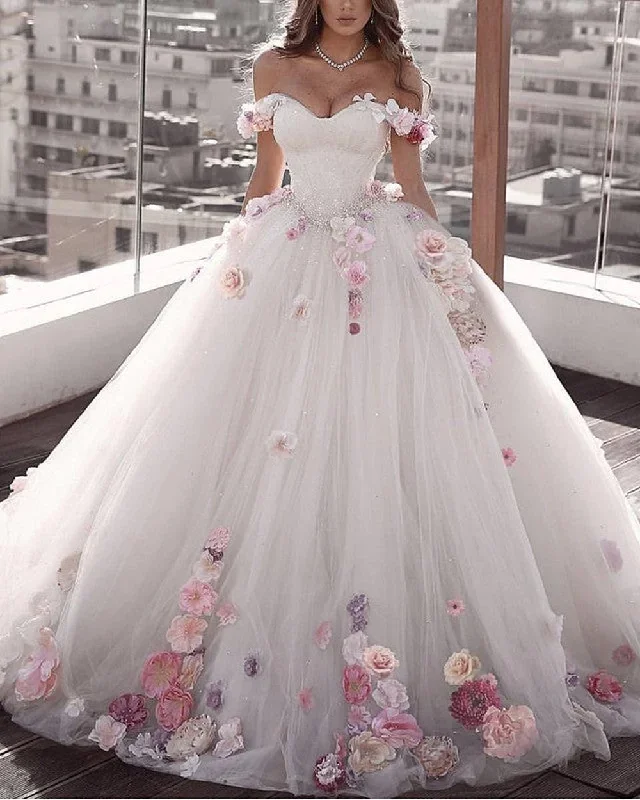 Find Your Unique Flair Off Shoulder Floral Flowers Ball Gown Wedding Dresses Tulle Beaded Soft Textures