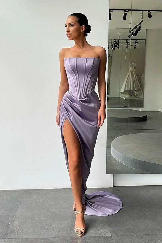 Boutique Styles Mermaid Satin Formal Dresses trapless Long Prom Dresses Split Evening Gowns PD0487 Modern Romance