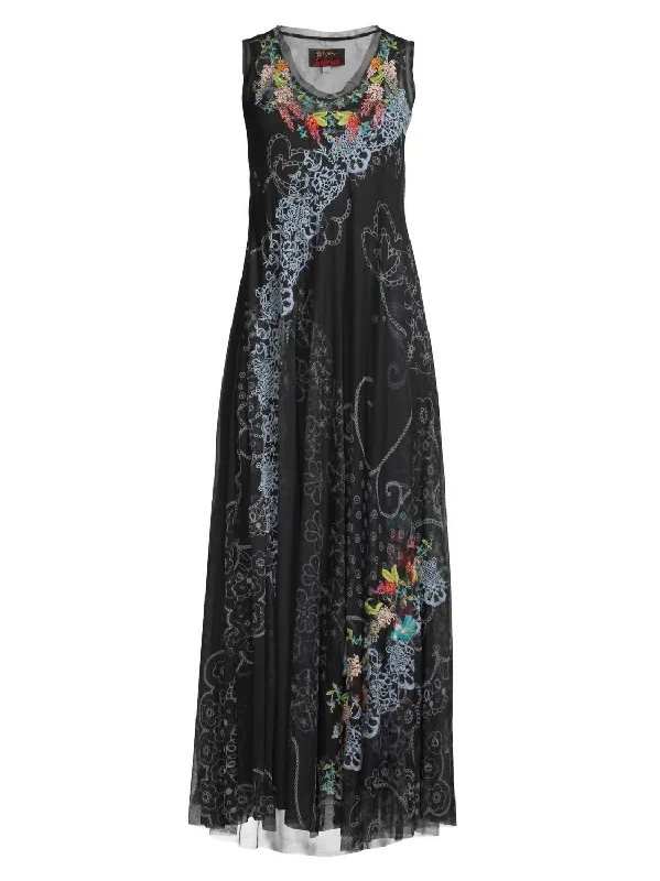 Romantic Chic Deals Swing Lace Embroidered Mesh Maxi Dress In Black Graceful Drape