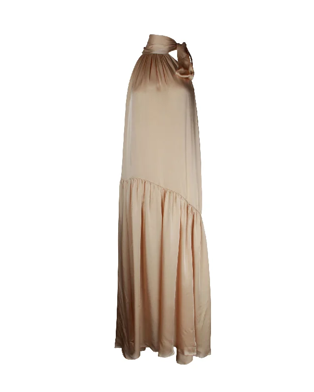 Shop The Hottest Deals Zimmermann Tie-Neck Halter Maxi Dress in Champagne Silk Dreamy Aesthetic