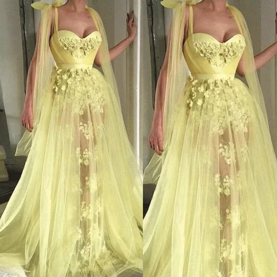 Vibrant Style Promotions 3d flowers prom dresses long yellow elegant lace appliqué beaded sleeveless prom gown   cg16180 Contemporary Elegance