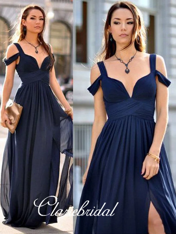 Sophisticated Street Style Offers Off Shoulder A-line Navy Chiffon Long Bridesmaid Dresses Discounts On Casual Weekend Styles