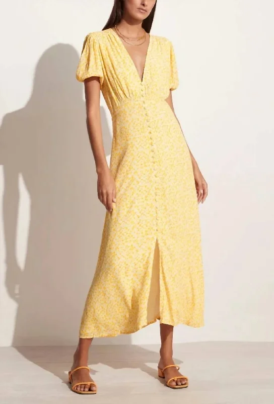 Feminine Luxe Style Sale Bellavista Midi Dress In Careyes Floral Marigold Feminine Grace