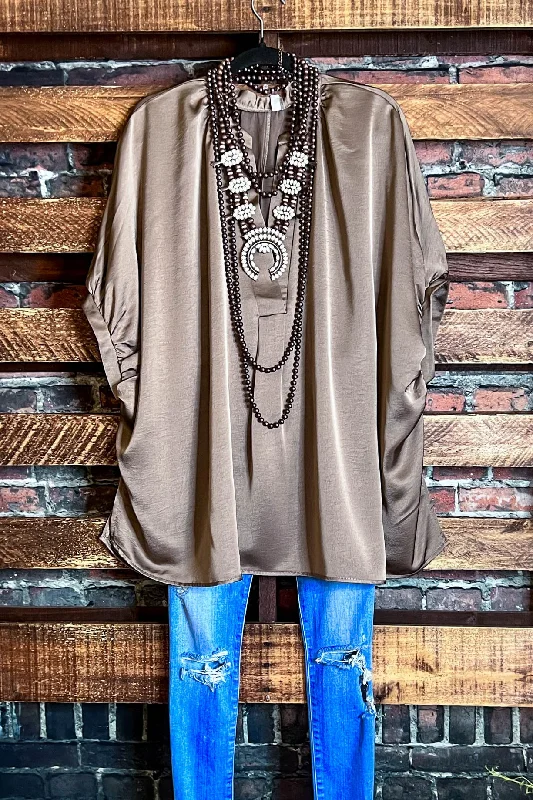 Chic & Cozy Collection GLAMOROUS CELEBRATION MOCHA SATIN OVERSIZED TUNIC Feminine Grace