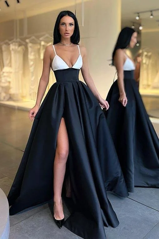 Evening Elegance A Line Satin Black and White Spaghetti Straps Prom Dress PD0116 Vibrant Prints