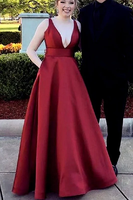 Sale Event, Prices Rock Burgundy Deep V-Neck Satin Long Prom Dresses N1108 Modern Glamour