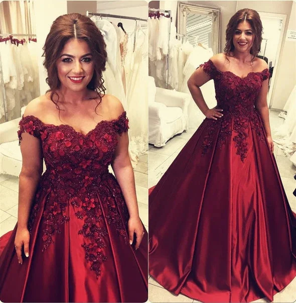 Seasonal Style Discounts Ball Gown Burgundy Satin Wedding Dresses Off the Shoulder Bridal Wear Elegant Details