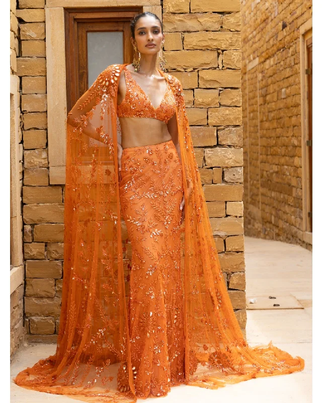 Fashion-Forward Toasted Orange Embroidered Cape Set Lightweight Fabric