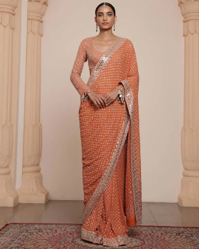 Special Offer Toasted Orange And Rose Gold Sari Set Contemporary Elegance